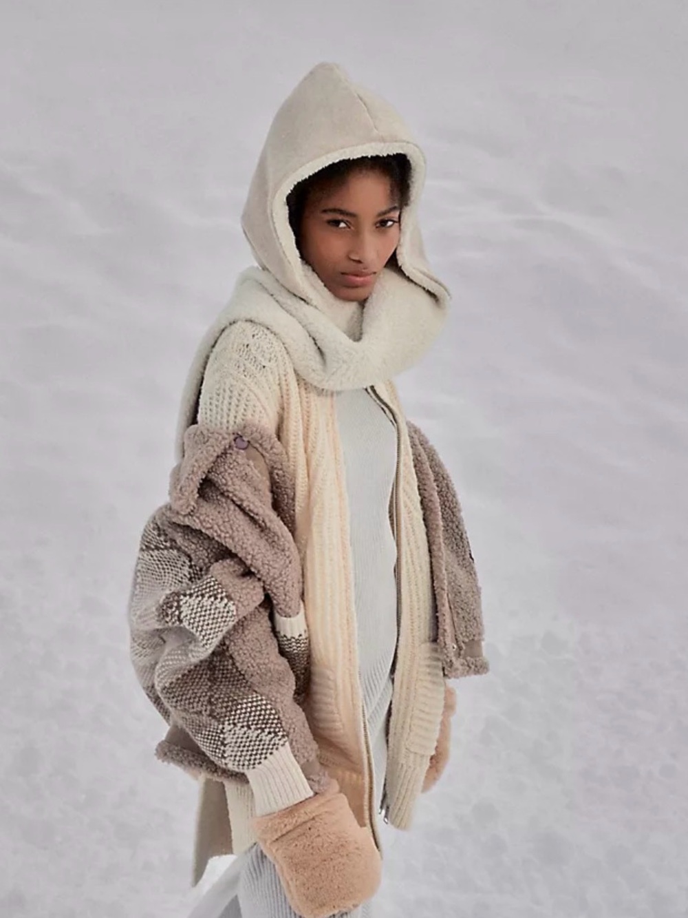 Anthropologie Cream & Taupe fuzzy hooded scarf